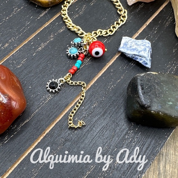 Dainty 14k plated evil’s eye and turquoise necklace charms cluster - Picture 3 of 3